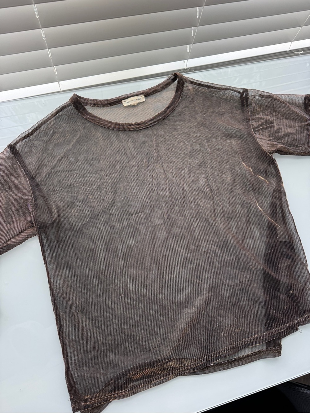 silence + noise Sheer Short-Sleeve Mesh Top - Brown